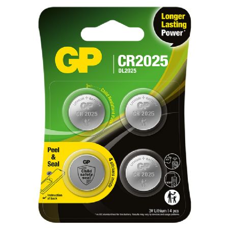 GP knapcelle, Lithium, CR2025, Safety seal, 4-pak